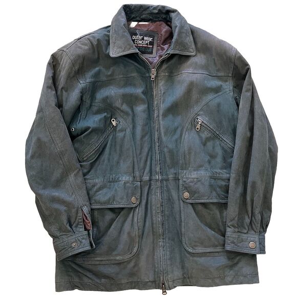 Vintage 80s 90s Grunge 100% Leather Worn Forest Green Heavy Coat Jacket Men's M - Picture 4 of 14